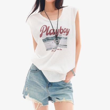 QIUQIU_STUDIO_Distressed_Printed_Rolled_Hem_U_Neck_Loose_Women&