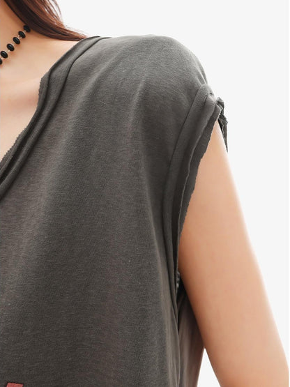 QIUQIU STUDIO Distressed Printed Rolled Hem U Neck Loose Women&
