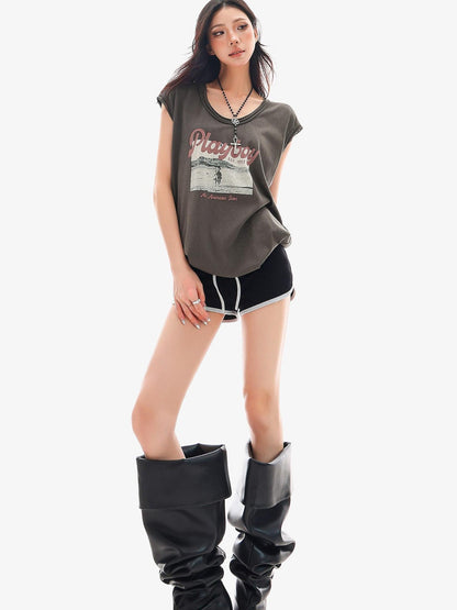 QIUQIU STUDIO Distressed Printed Rolled Hem U Neck Loose Women&