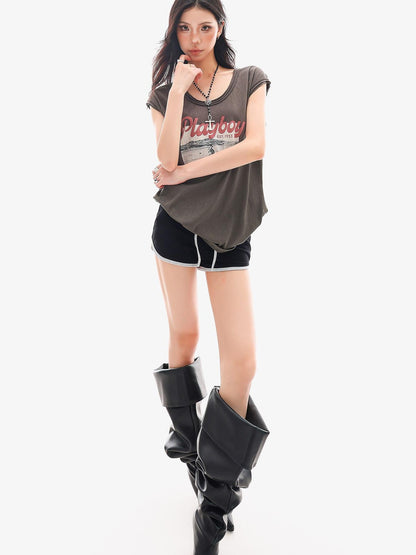 QIUQIU STUDIO Distressed Printed Rolled Hem U Neck Loose Women&