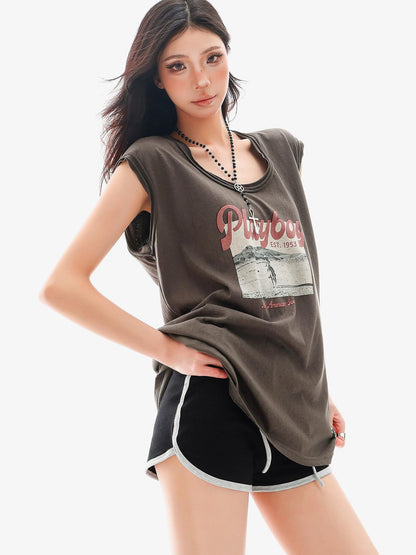 QIUQIU STUDIO Distressed Printed Rolled Hem U Neck Loose Women&