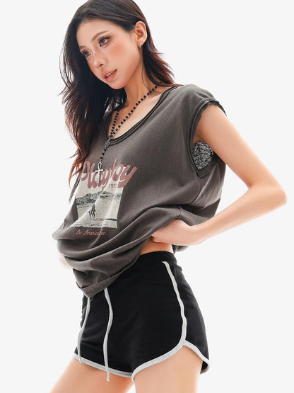 QIUQIU STUDIO Distressed Printed Rolled Hem U Neck Loose Women&
