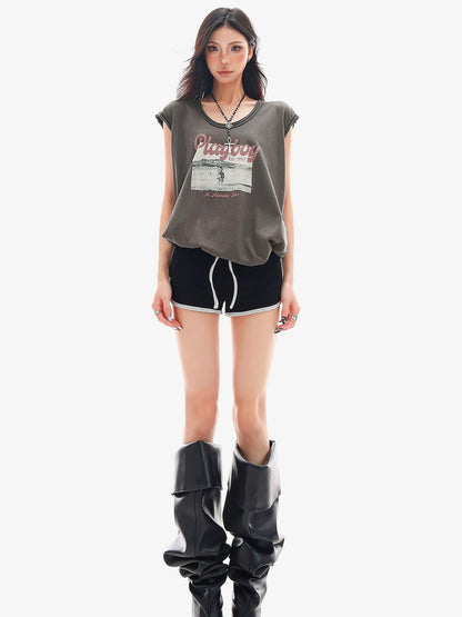 QIUQIU STUDIO Distressed Printed Rolled Hem U Neck Loose Women&