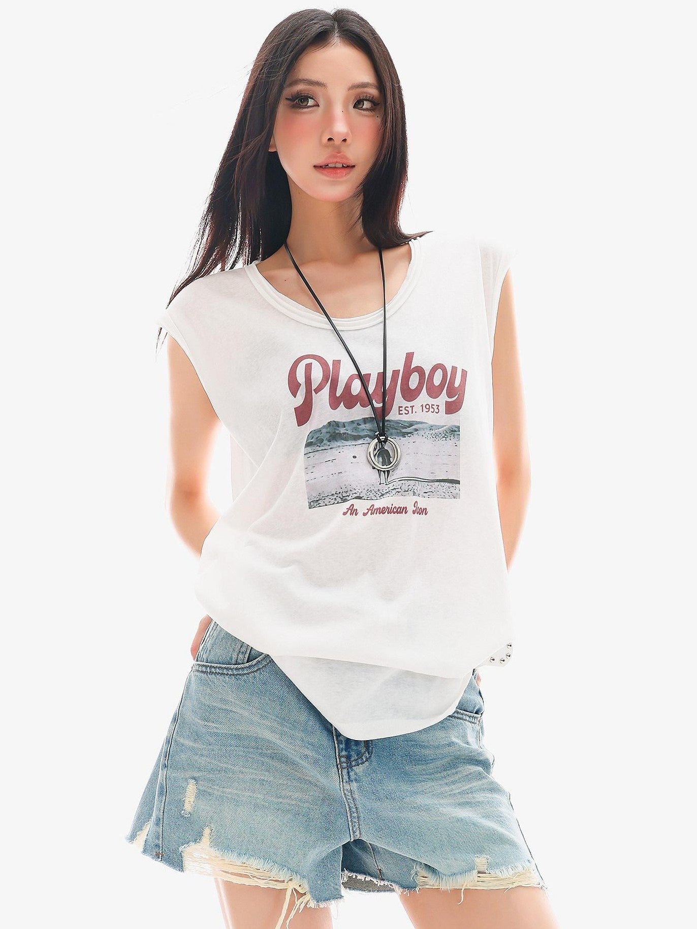 QIUQIU STUDIO Distressed Printed Rolled Hem U Neck Loose Women&