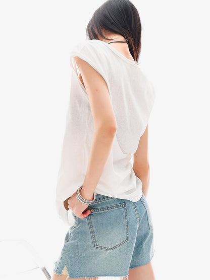 QIUQIU STUDIO Distressed Printed Rolled Hem U Neck Loose Women&