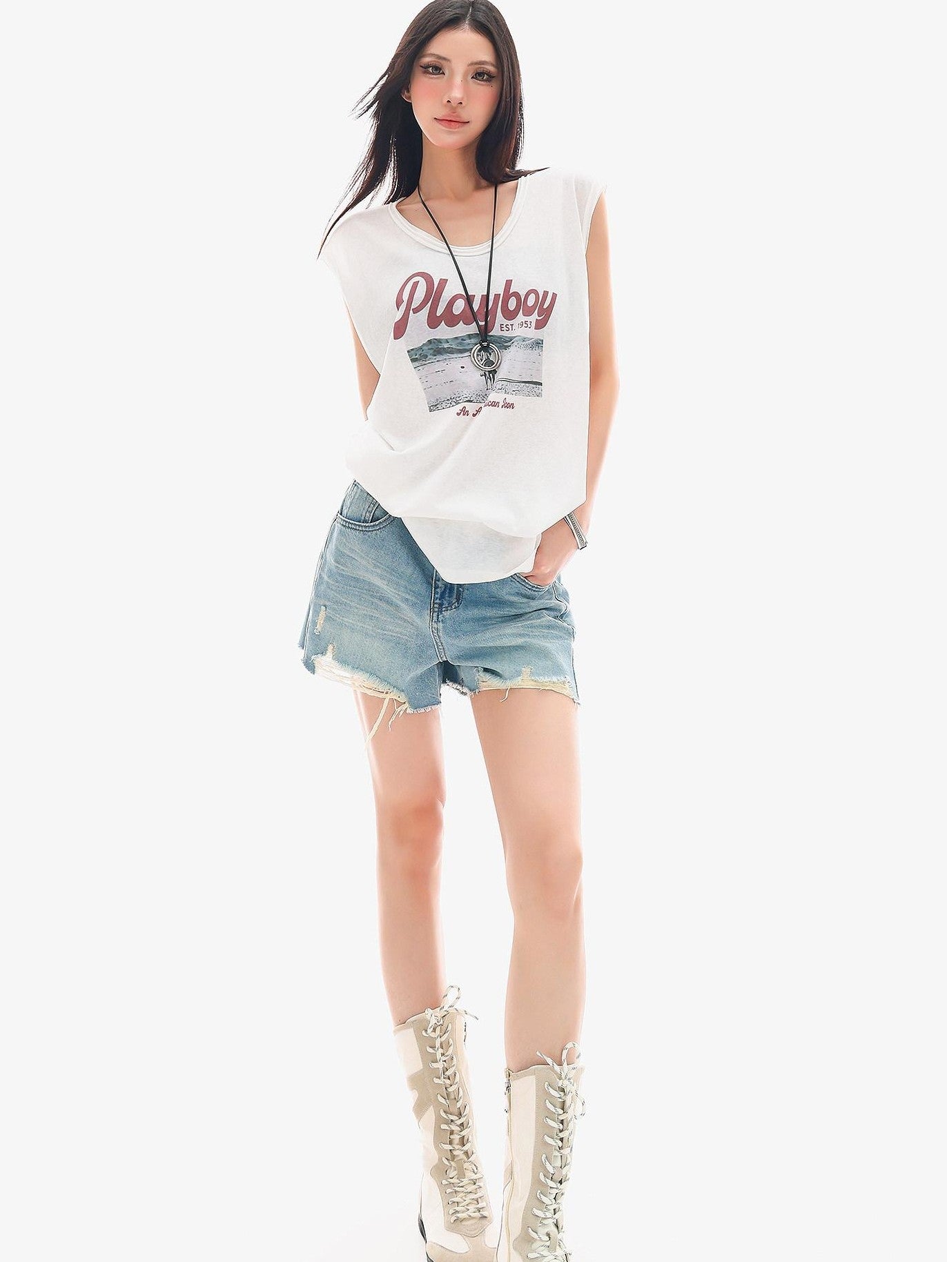 QIUQIU STUDIO Distressed Printed Rolled Hem U Neck Loose Women&
