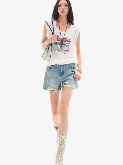 QIUQIU STUDIO Distressed Printed Rolled Hem U Neck Loose Women&