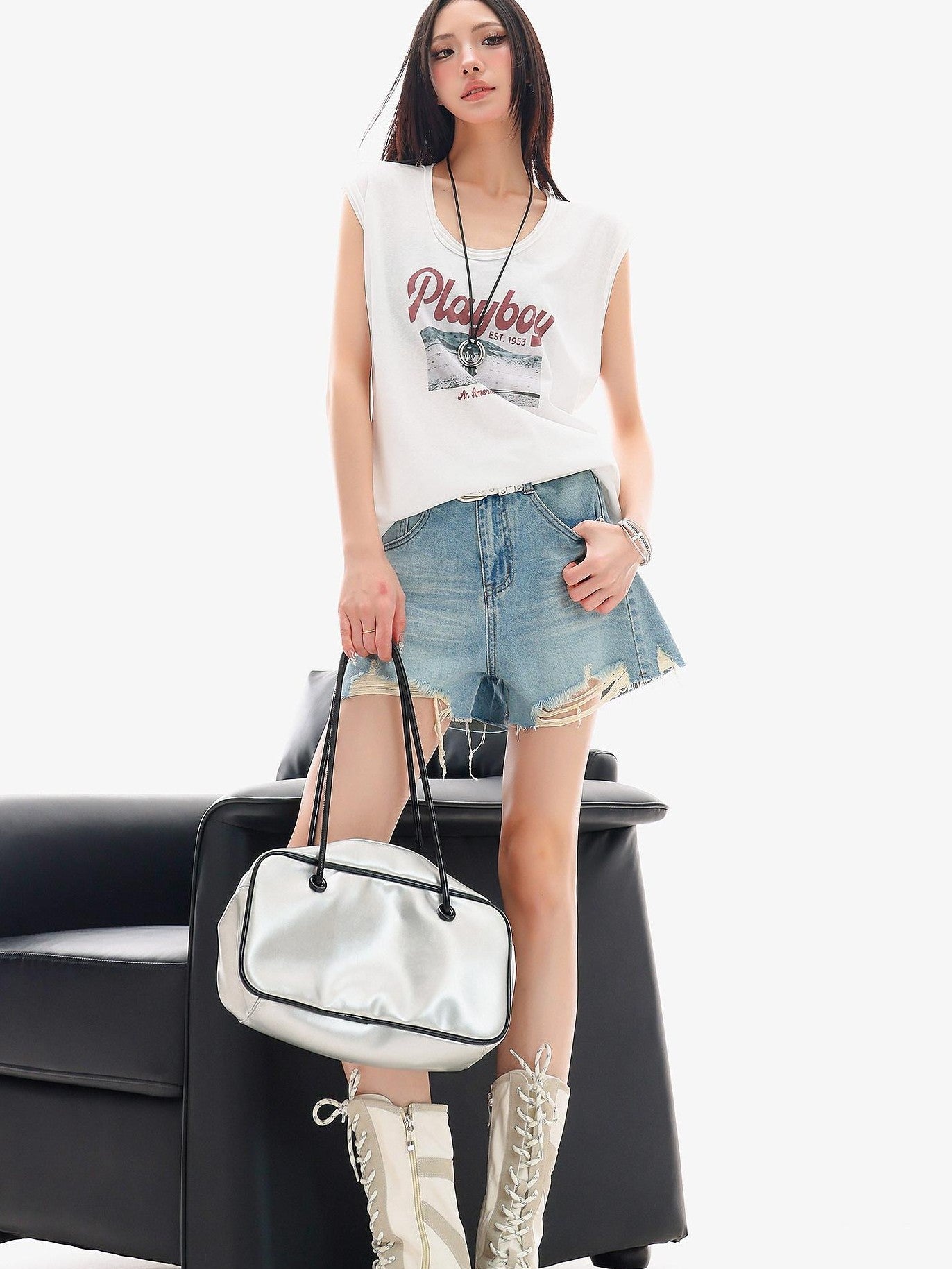 QIUQIU STUDIO Distressed Printed Rolled Hem U Neck Loose Women&