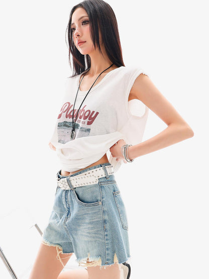 QIUQIU STUDIO Distressed Printed Rolled Hem U Neck Loose Women&