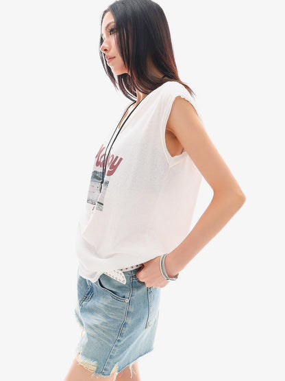 QIUQIU STUDIO Distressed Printed Rolled Hem U Neck Loose Women&