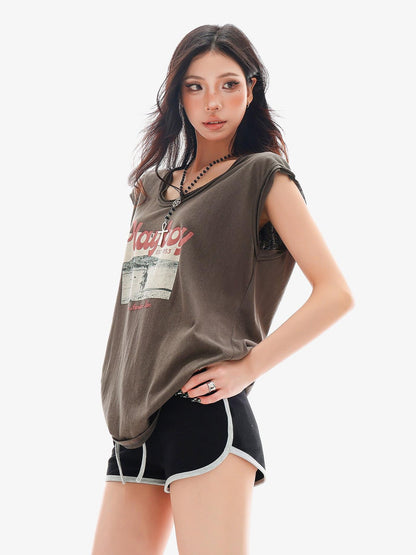 QIUQIU STUDIO Distressed Printed Rolled Hem U Neck Loose Women&