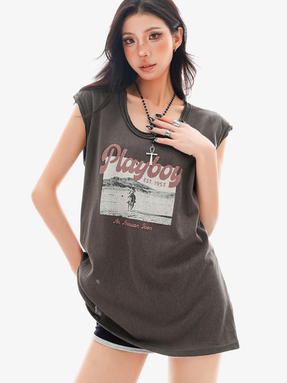 QIUQIU STUDIO Distressed Printed Rolled Hem U Neck Loose Women&