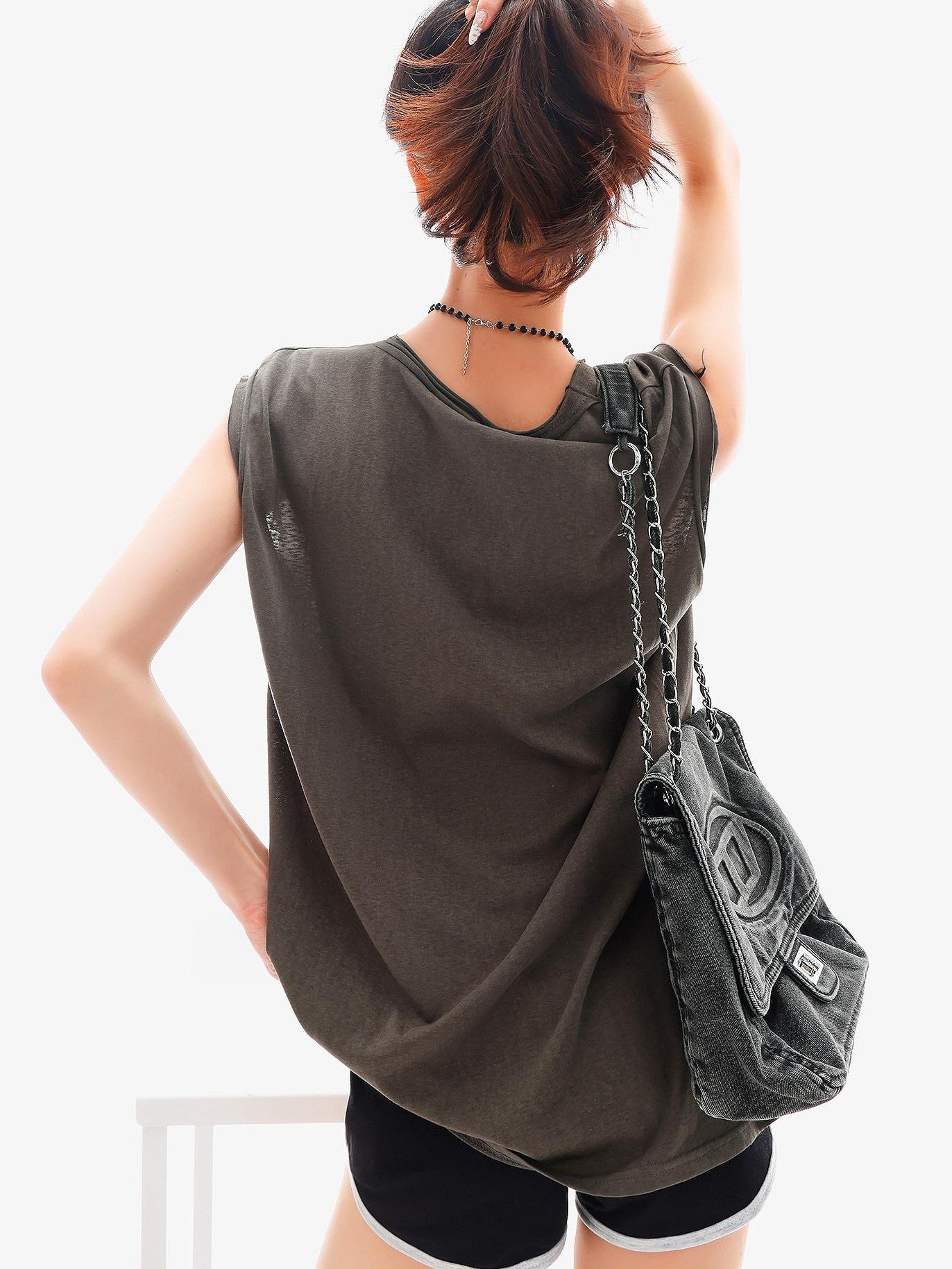 QIUQIU STUDIO Distressed Printed Rolled Hem U Neck Loose Women&