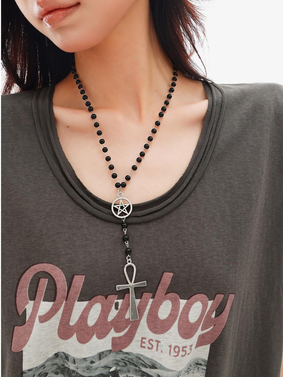 QIUQIU STUDIO Distressed Printed Rolled Hem U Neck Loose Women&