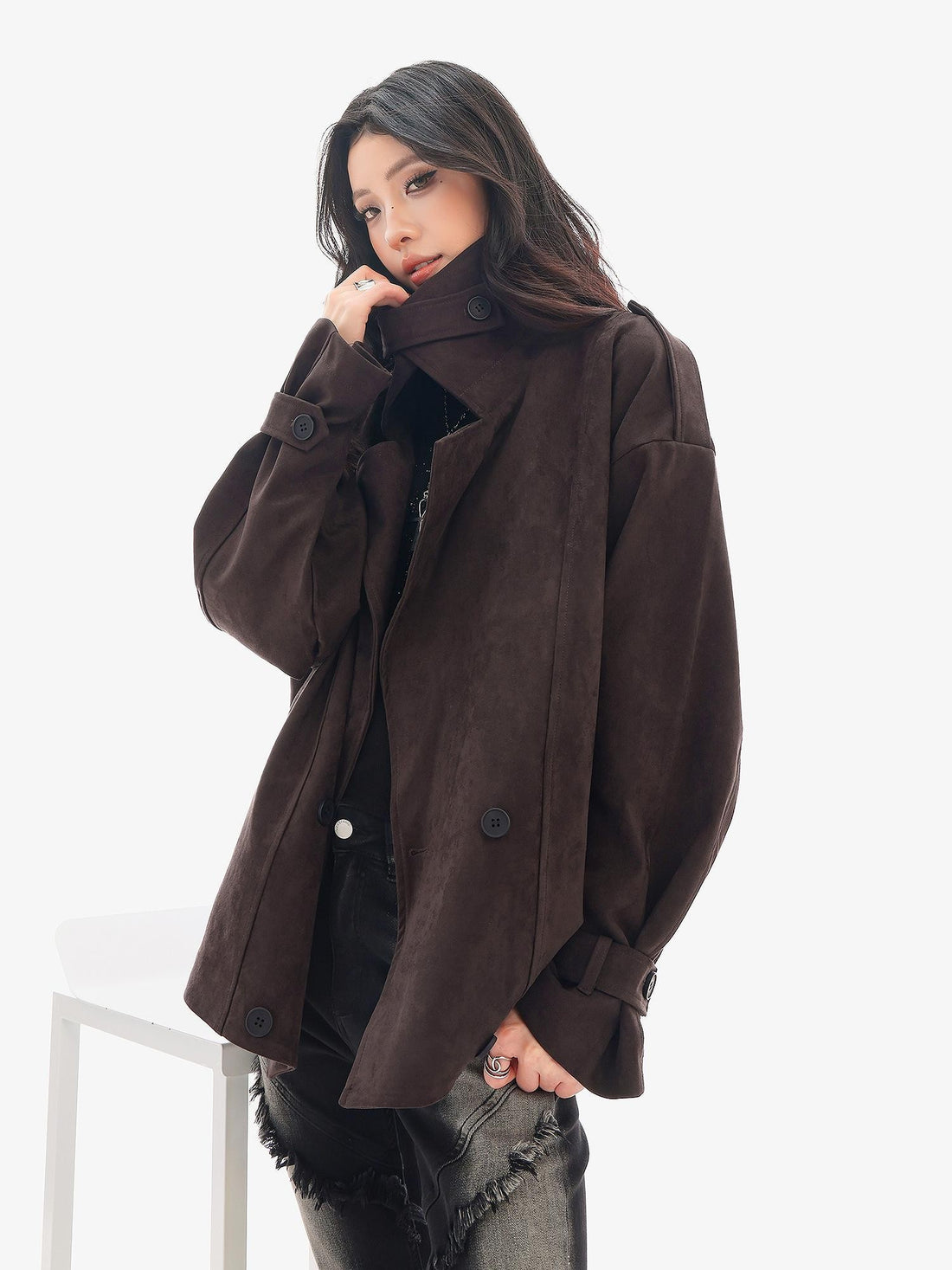 QIUQIU STUDIO Double Breasted Suede Lapel Loose Fit Women&