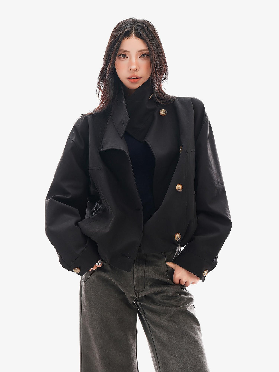QIUQIU STUDIO Drawstring Stand Collar Boxy Cropped Women&