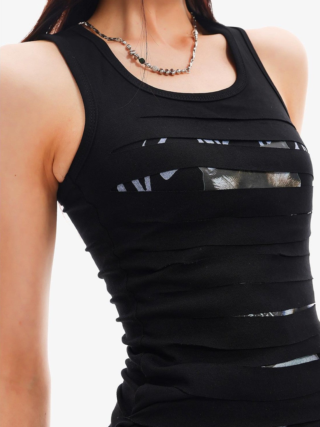 QIUQIU STUDIO Edgy Distressed Cat Print Racerback Slim Fit Women&