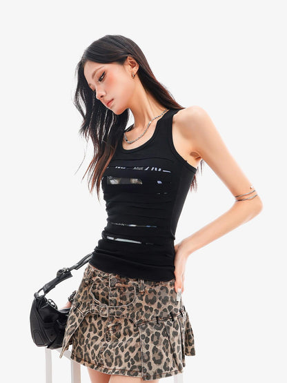 QIUQIU STUDIO Edgy Distressed Cat Print Racerback Slim Fit Women&