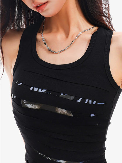 QIUQIU STUDIO Edgy Distressed Cat Print Racerback Slim Fit Women&