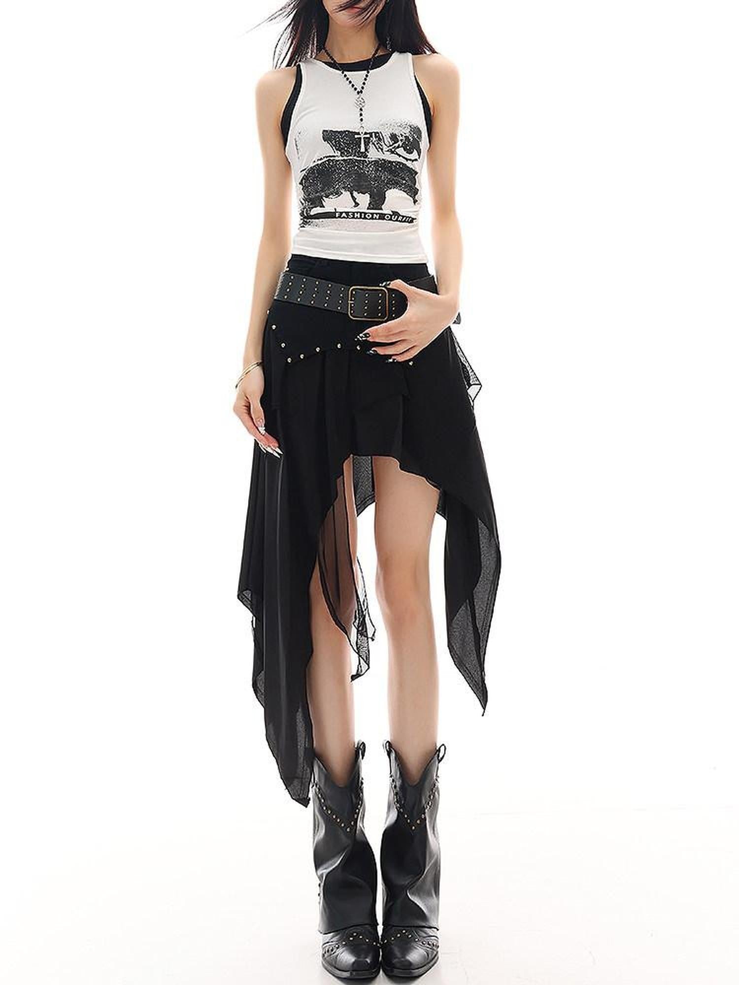 QIUQIU STUDIO Edgy Studded Patchwork Asymmetric A Line Women&