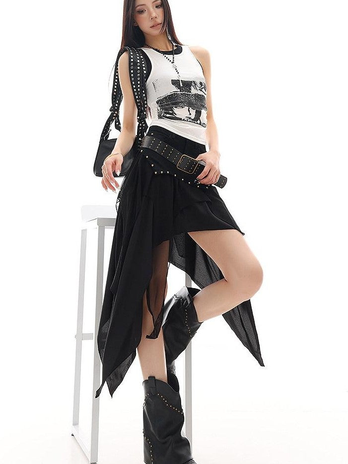 QIUQIU STUDIO Edgy Studded Patchwork Asymmetric A Line Women&