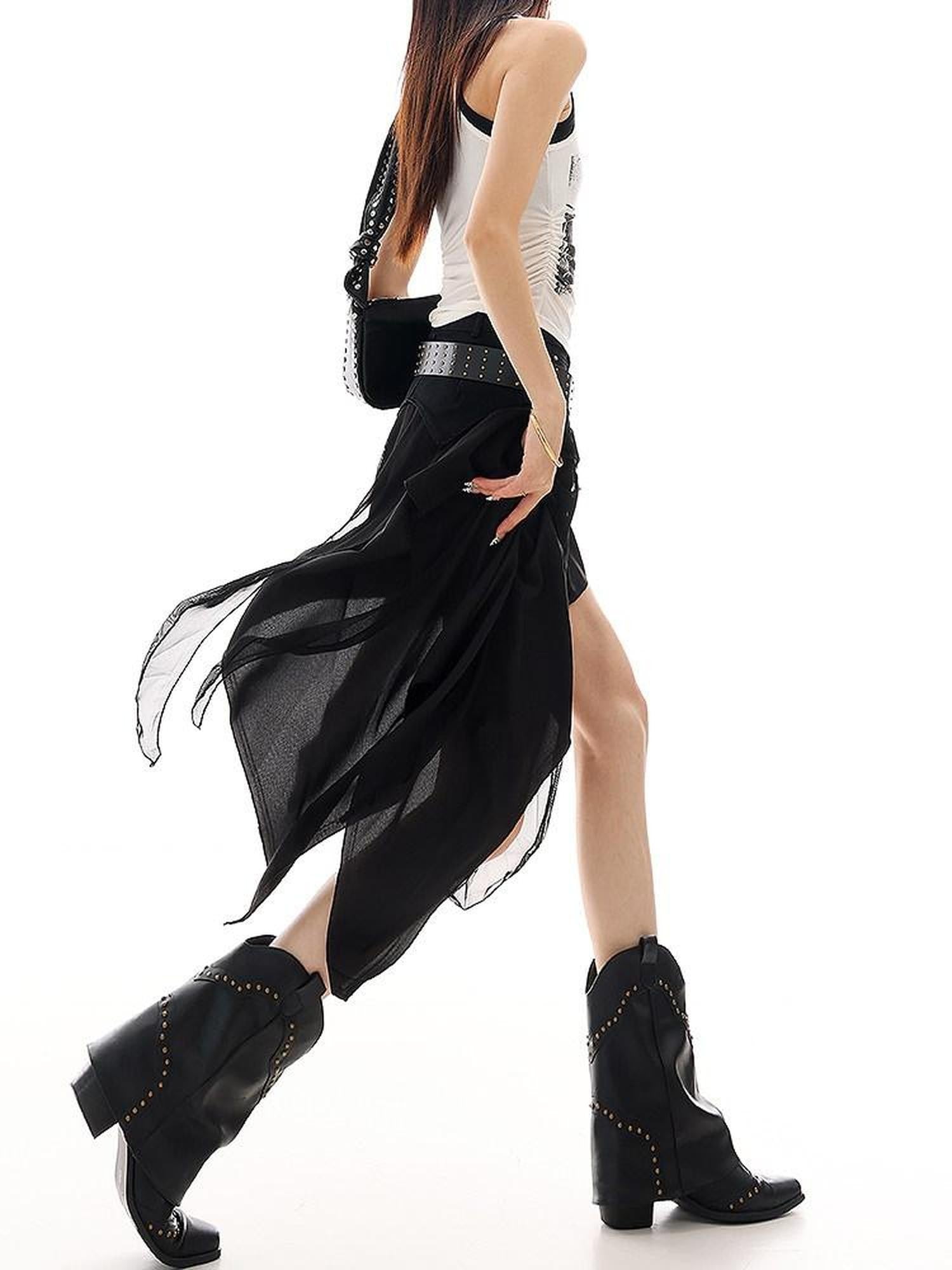QIUQIU STUDIO Edgy Studded Patchwork Asymmetric A Line Women&