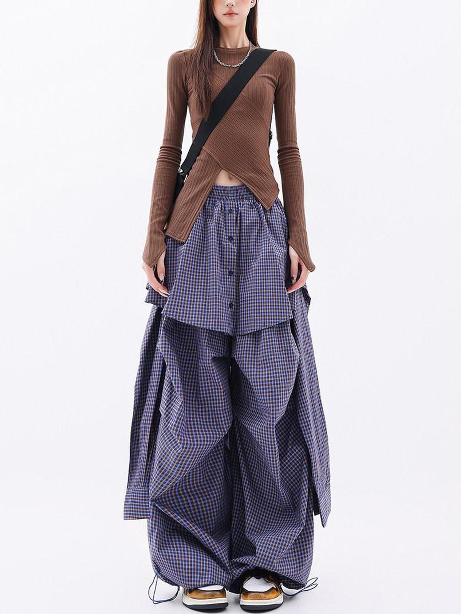 QIUQIU STUDIO Elongated Plaid Patchwork Faux Layered Women&