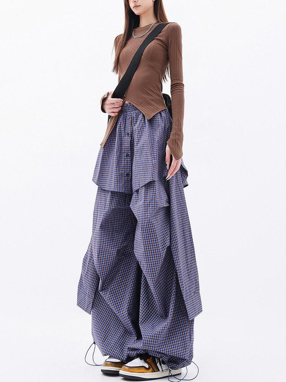 QIUQIU STUDIO Elongated Plaid Patchwork Faux Layered Women&