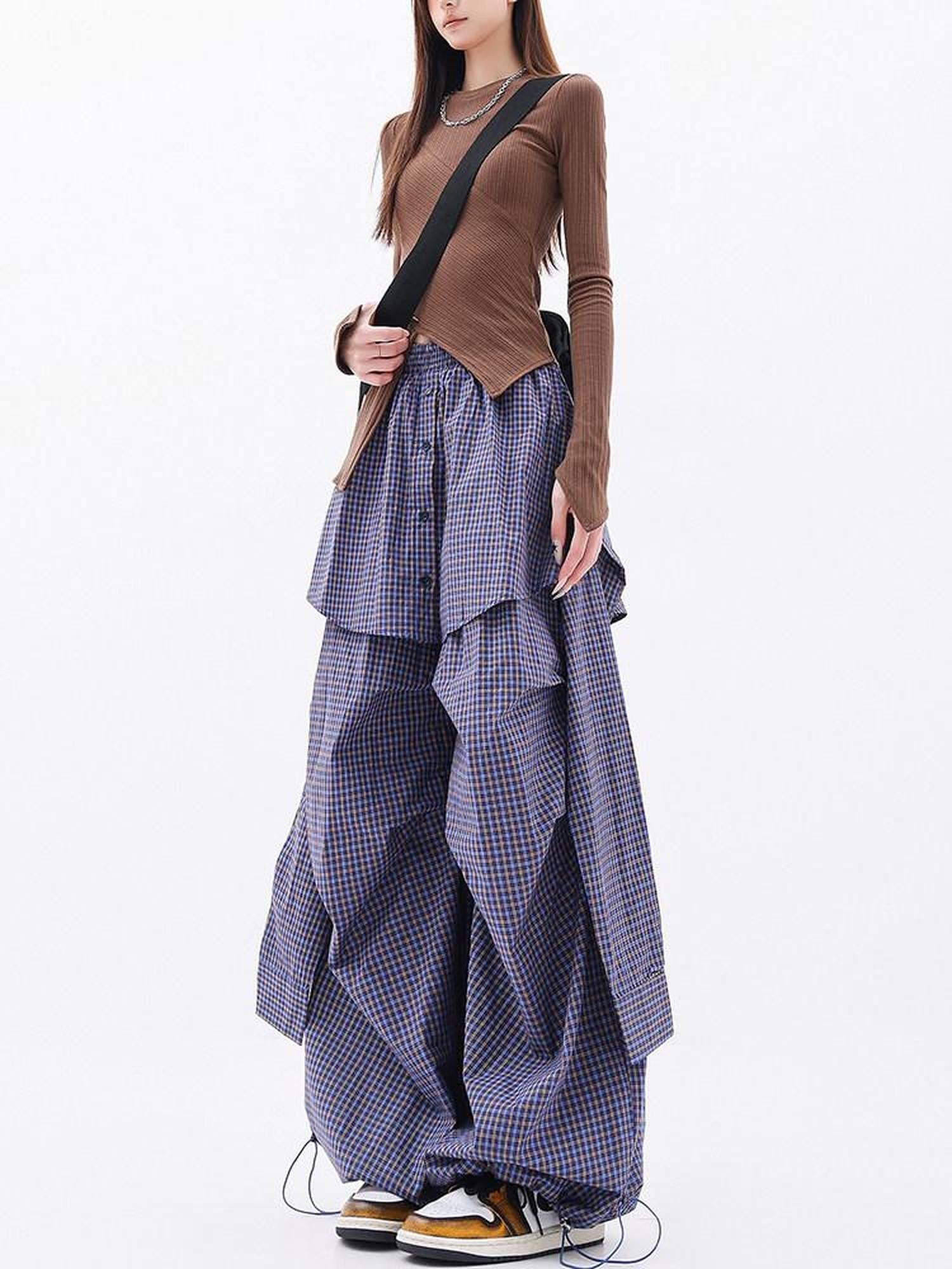 QIUQIU STUDIO Elongated Plaid Patchwork Faux Layered Women&