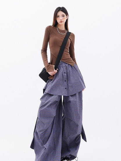 QIUQIU STUDIO Elongated Plaid Patchwork Faux Layered Women&