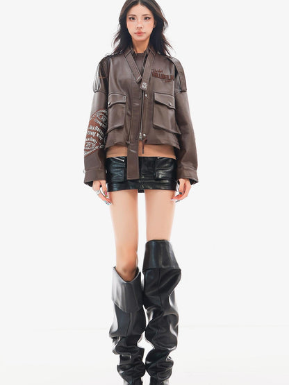 QIUQIU STUDIO Embroidered Stand Collar Zip Moto Women&