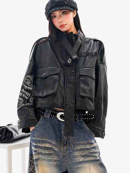 QIUQIU STUDIO Embroidered Stand Collar Zip Moto Women&