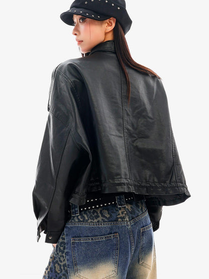 QIUQIU STUDIO Embroidered Stand Collar Zip Moto Women&