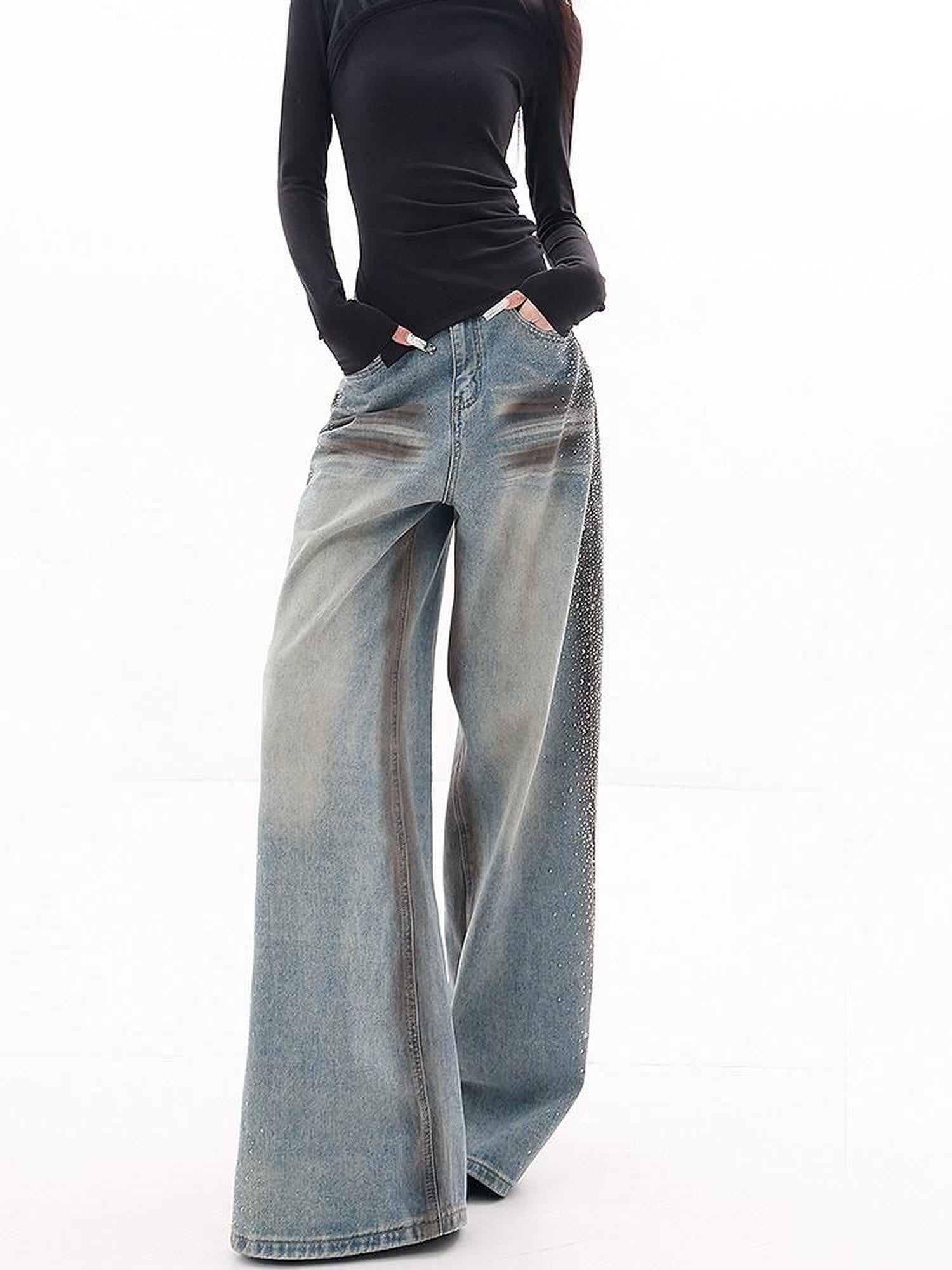 QIUQIU STUDIO Extended Washed Distressed Rhinestone Whisker Women&