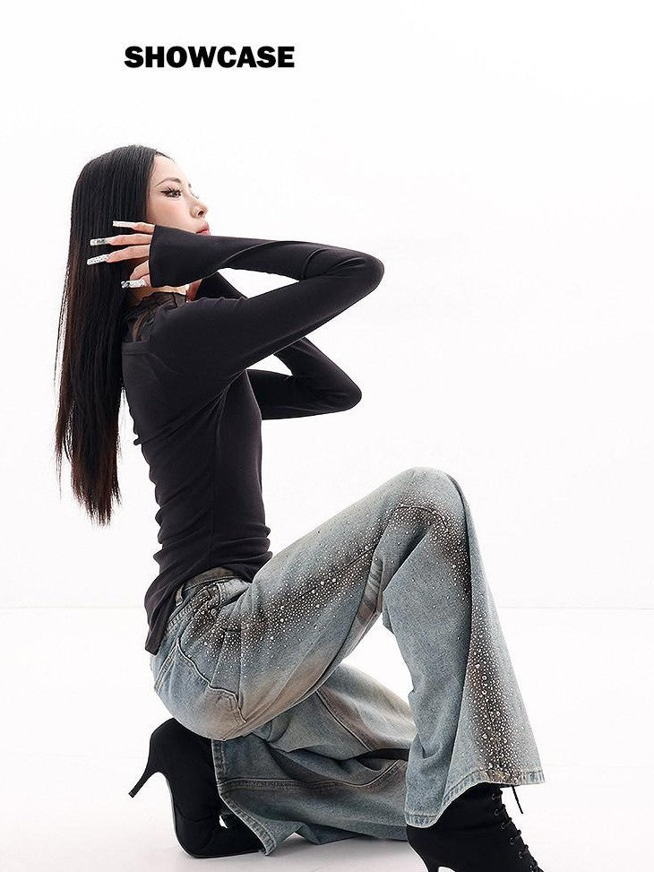 QIUQIU STUDIO Extended Washed Distressed Rhinestone Whisker Women&