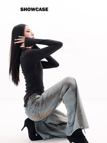 QIUQIU STUDIO Extended Washed Distressed Rhinestone Whisker Women&