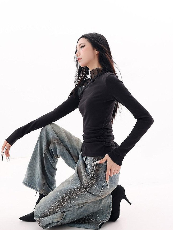 QIUQIU STUDIO Extended Washed Distressed Rhinestone Whisker Women&