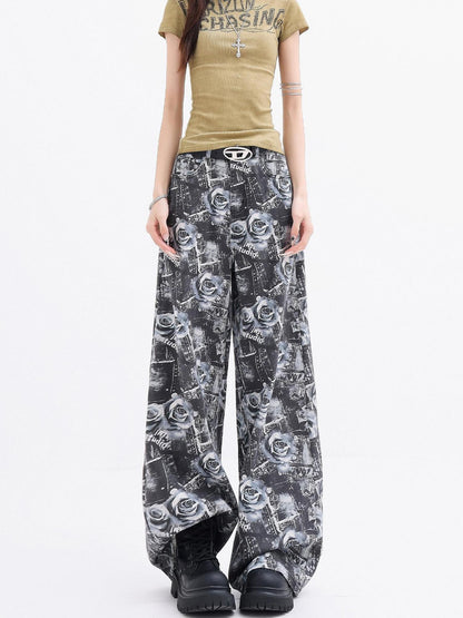 QIUQIU STUDIO Extra Long Digital Rose Print Pockets Natural Waist Women&
