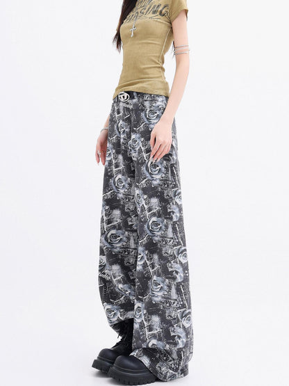 QIUQIU STUDIO Extra Long Digital Rose Print Pockets Natural Waist Women&