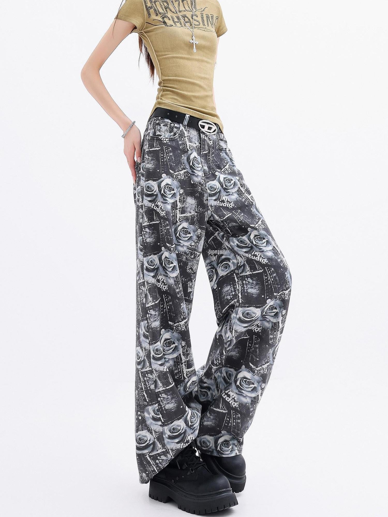 QIUQIU STUDIO Extra Long Digital Rose Print Pockets Natural Waist Women&