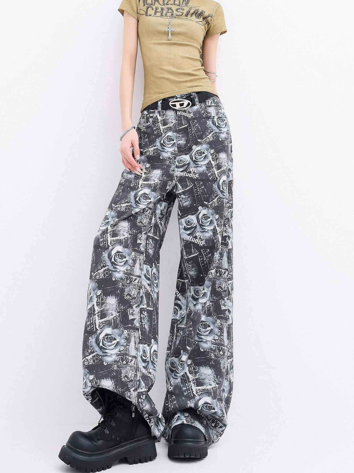 QIUQIU STUDIO Extra Long Digital Rose Print Pockets Natural Waist Women&