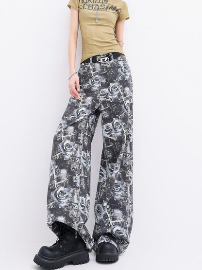 QIUQIU STUDIO Extra Long Digital Rose Print Pockets Natural Waist Women&