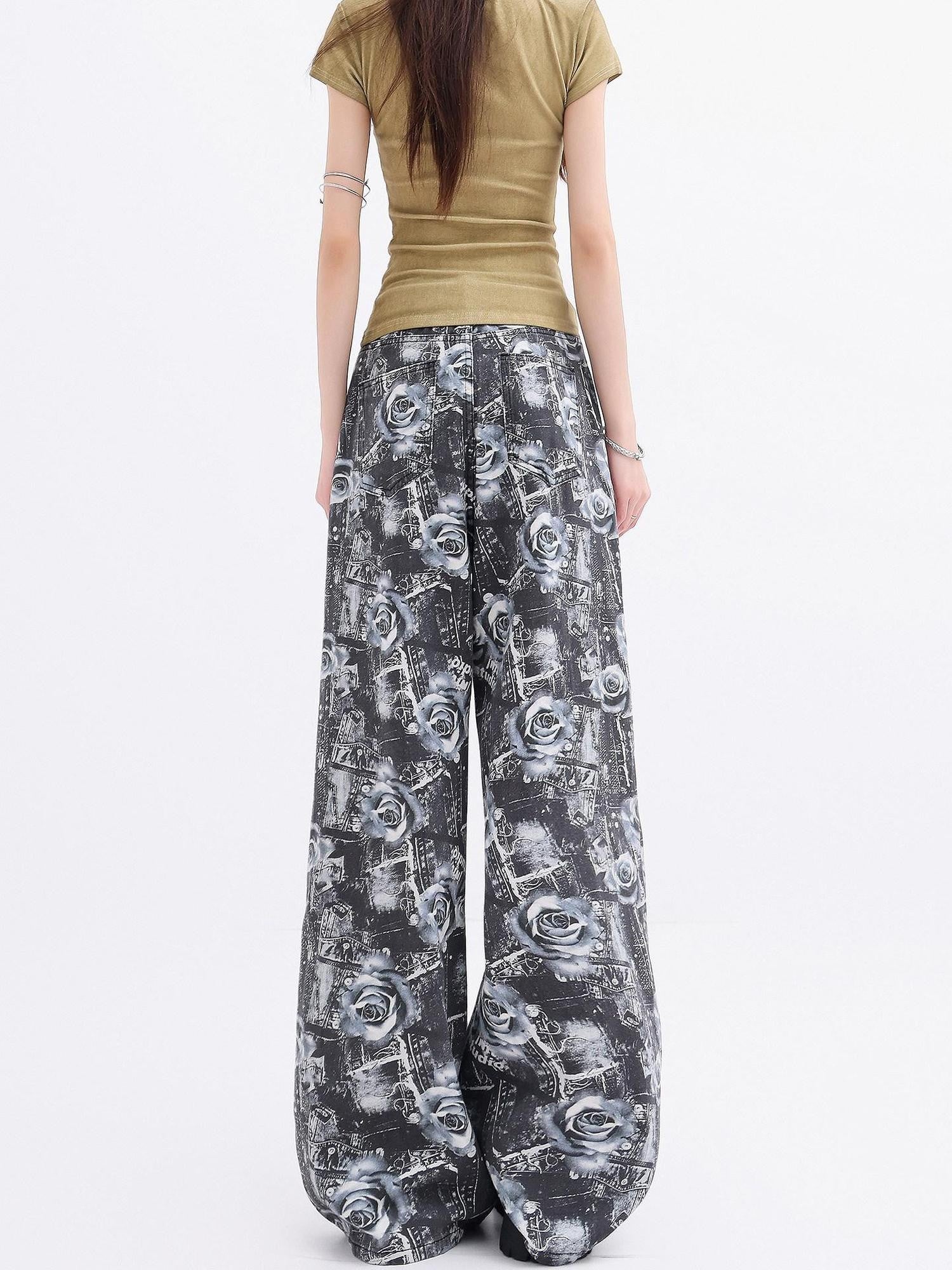 QIUQIU STUDIO Extra Long Digital Rose Print Pockets Natural Waist Women&