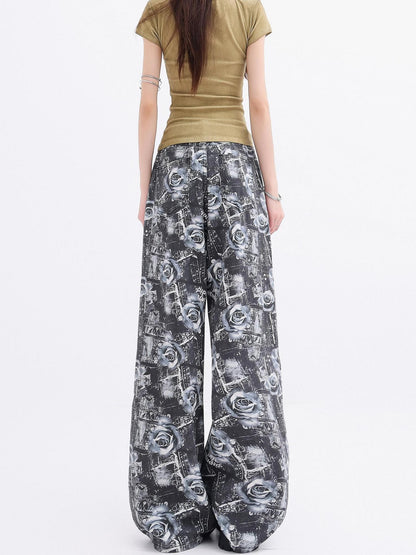 QIUQIU STUDIO Extra Long Digital Rose Print Pockets Natural Waist Women&