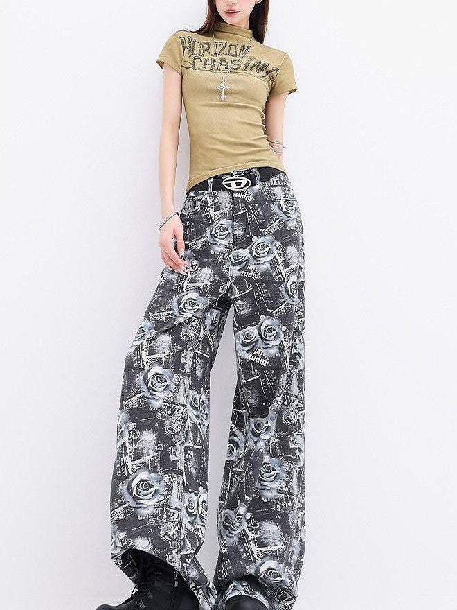 QIUQIU STUDIO Extra Long Digital Rose Print Pockets Natural Waist Women&