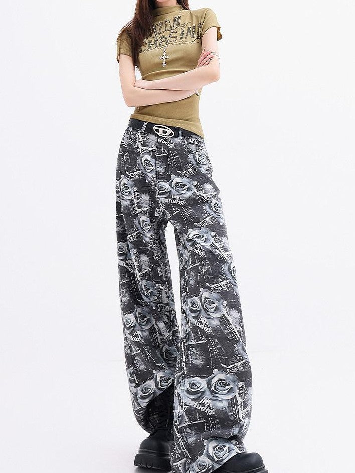QIUQIU STUDIO Extra Long Digital Rose Print Pockets Natural Waist Women&