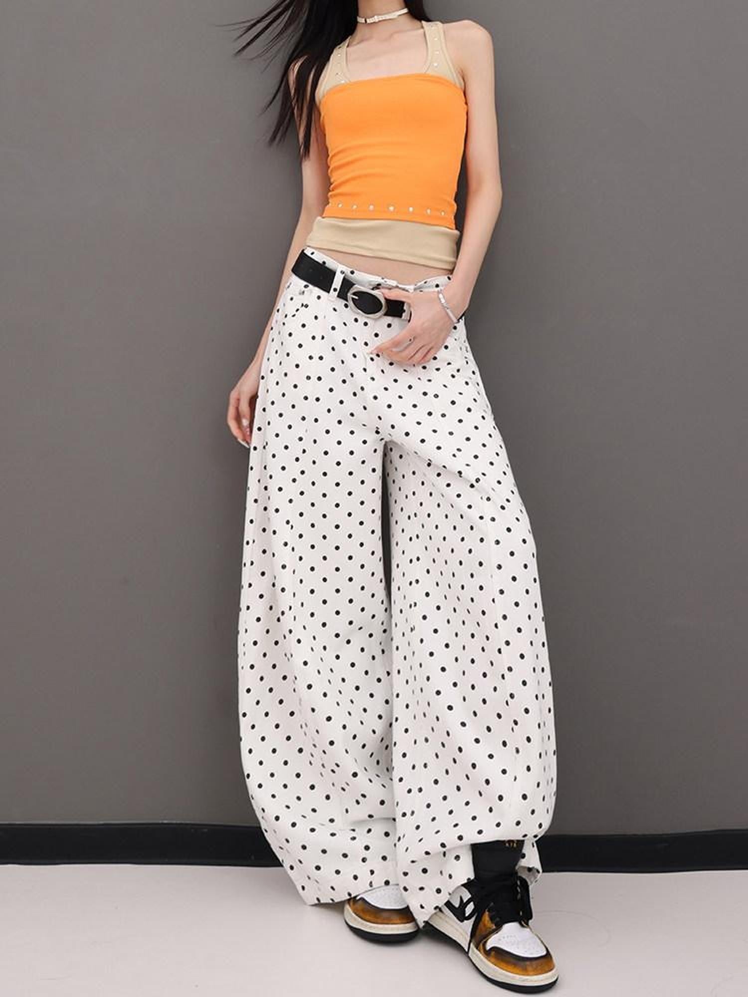 QIUQIU STUDIO Extra Long Polka Dot Drapey Natural Waist Women&