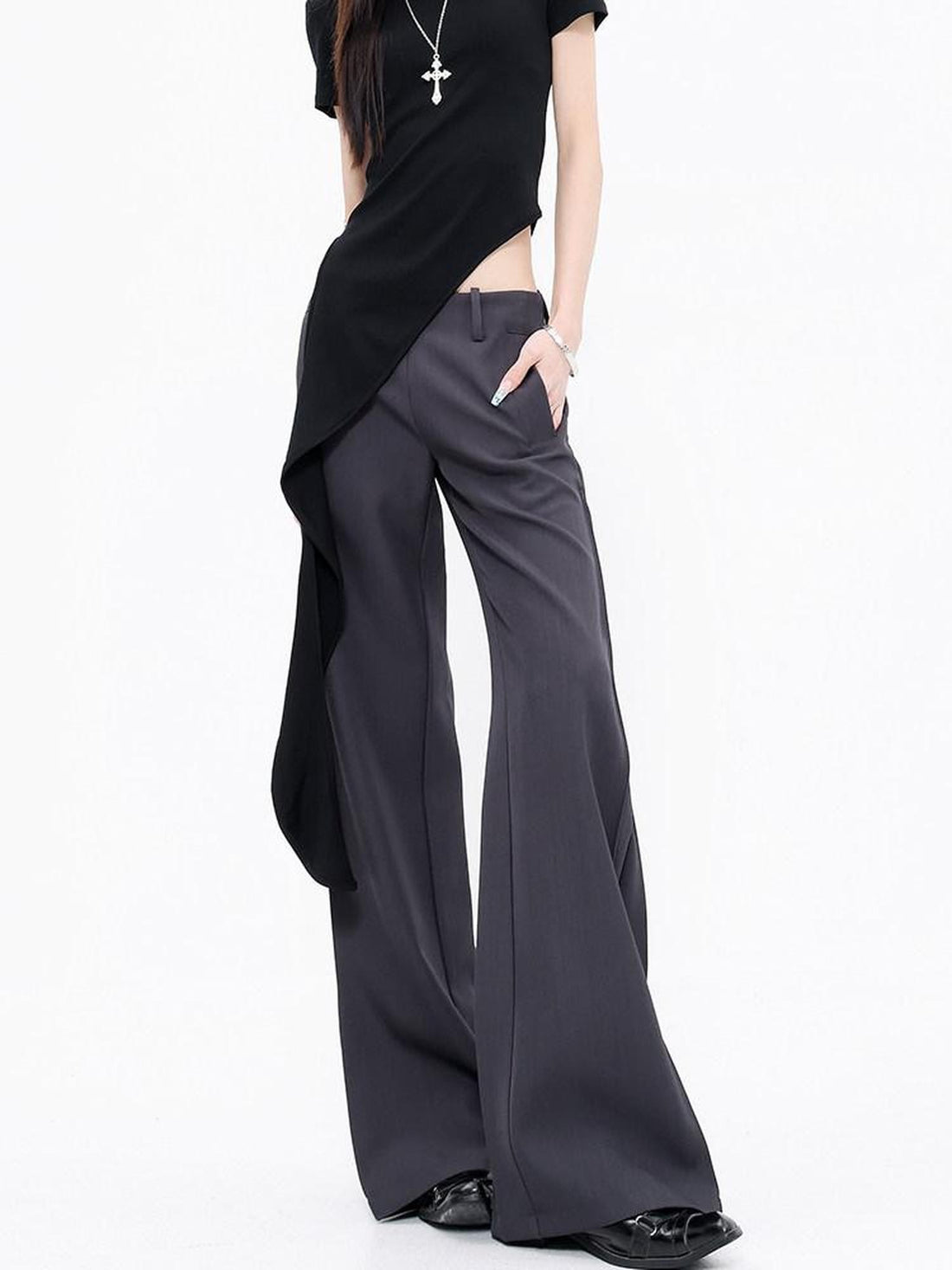 QIUQIU STUDIO Extra Long Pressed Pleats Low Waist Drapey Pocket Women&
