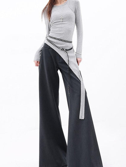 QIUQIU STUDIO Extra Long Slight Flare Loose Zipper Fly Solid Women&
