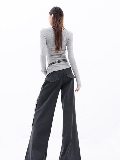 QIUQIU STUDIO Extra Long Slight Flare Loose Zipper Fly Solid Women&